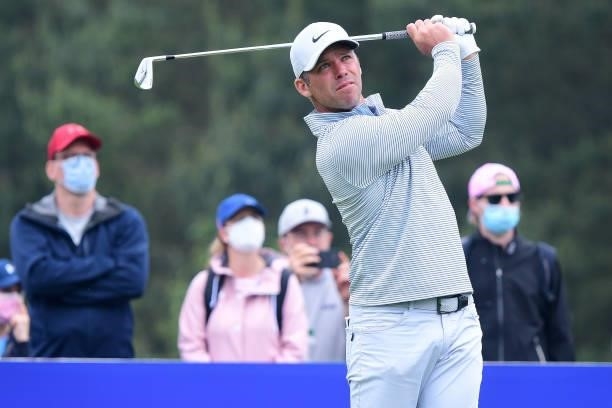 Paul Casey hits a tee shot during Day Two of The Porsche European Open at Green Eagle Golf Course on June 6, 2021 in Hamburg, Germany.