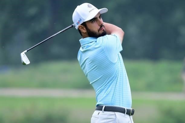 Abraham Ancer hits a ball during Day Two of The Porsche European Open at Green Eagle Golf Course on June 6, 2021 in Hamburg, Germany.