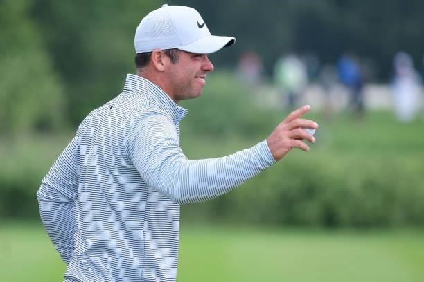 Paul Casey gestures during Day Two of The Porsche European Open at Green Eagle Golf Course on June 6, 2021 in Hamburg, Germany.