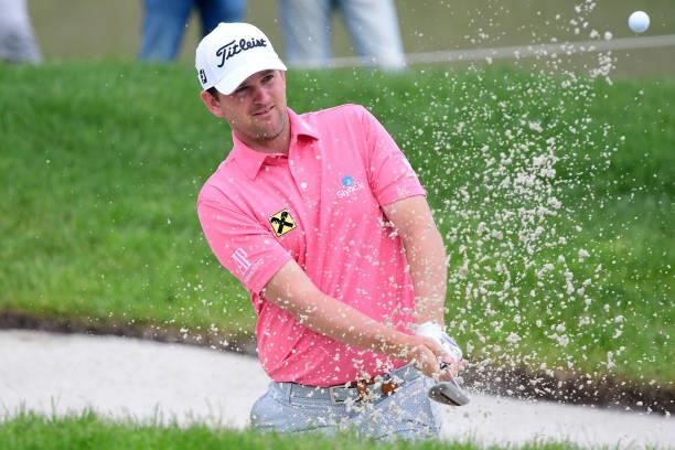 Bernd Wiesberger hits a ball from the bunker during Day Two of The Porsche European Open at Green Eagle Golf Course on June 6, 2021 in Hamburg,...