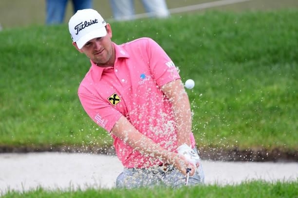 Bernd Wiesberger hits a ball from the bunker during Day Two of The Porsche European Open at Green Eagle Golf Course on June 6, 2021 in Hamburg,...