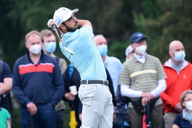 Abraham Ancer hits a tee shot during Day Two of The Porsche European Open at Green Eagle Golf Course on June 6, 2021 in Hamburg, Germany.