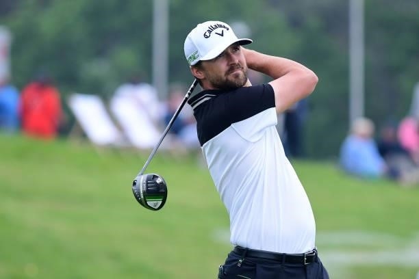 Rikard Karlberg hits a tee shot during Day Two of The Porsche European Open at Green Eagle Golf Course on June 6, 2021 in Hamburg, Germany.