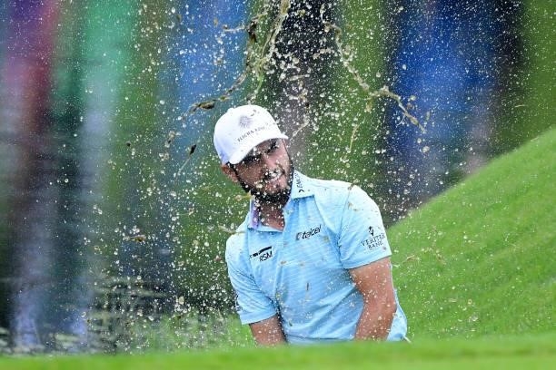 Abraham Ancer hits a ball out of the water during Day Two of The Porsche European Open at Green Eagle Golf Course on June 6, 2021 in Hamburg, Germany.