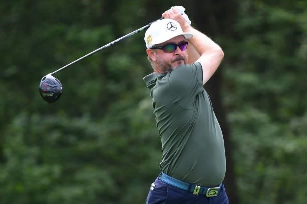 Mikko Korhonen hits a tee shot during Day Three of The Porsche European Open at Green Eagle Golf Course on June 7, 2021 in Hamburg, Germany.