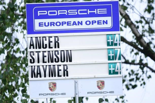 A scoreboard is seen during Day Two of The Porsche European Open at Green Eagle Golf Course on June 6, 2021 in Hamburg, Germany.