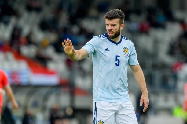 Grant Hanley of Scotland gestures during the international friendly match between Luxembourg and Scotland at Josy-Barthel-Stadium on June 6, 2021 in...
