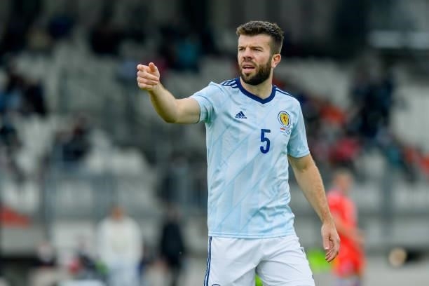 Grant Hanley of Scotland gestures during the international friendly match between Luxembourg and Scotland at Josy-Barthel-Stadium on June 6, 2021 in...