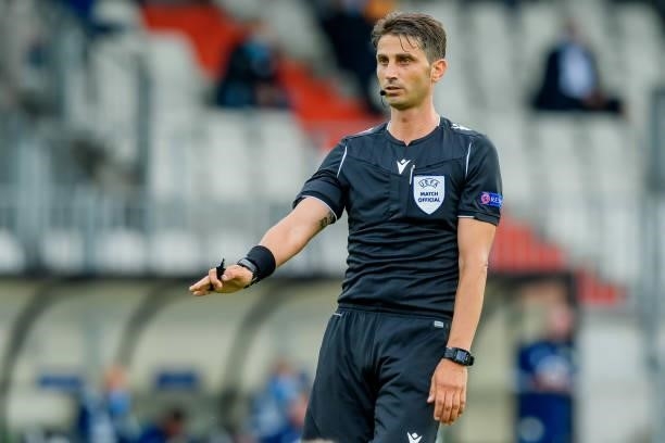 Referee Eldorjan Hamiti gestures during the international friendly match between Luxembourg and Scotland at Josy-Barthel-Stadium on June 6, 2021 in...