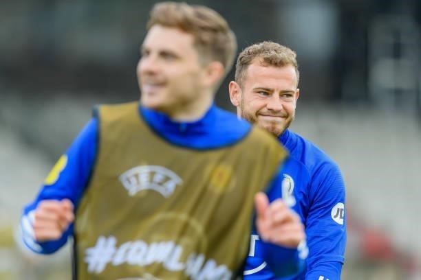 Ryan Fraser of Scotland smiles during the international friendly match between Luxembourg and Scotland at Josy-Barthel-Stadium on June 6, 2021 in...