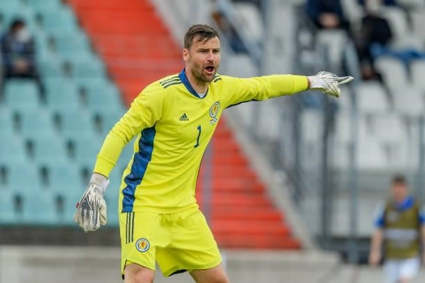 Goalkeeper David Marshall of Scotland gestures during the international friendly match between Luxembourg and Scotland at Josy-Barthel-Stadium on...