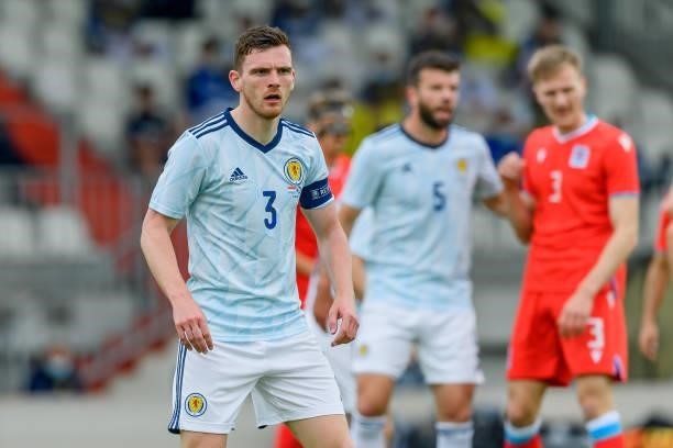 Andrew Robertson of Scotland looks on during the international friendly match between Luxembourg and Scotland at Josy-Barthel-Stadium on June 6, 2021...