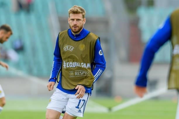Stuart Armstrong of Scotland warm up during the international friendly match between Luxembourg and Scotland at Josy-Barthel-Stadium on June 6, 2021...