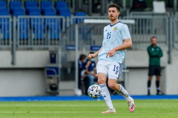 Declan Gallagher of Scotland controls the ball during the international friendly match between Luxembourg and Scotland at Josy-Barthel-Stadium on...