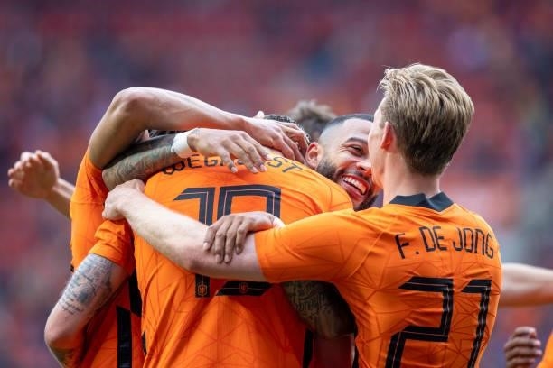 Wout Weghorst of Netherlands and Wout Weghorst of Netherlands and Frenkie de Jong of Netherlands celebrates after scoring his teams 2:0 goal with...