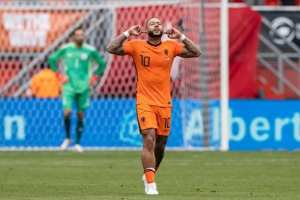 Memphis Depay of Netherlands celebrates after scoring his teams 1:0 goal during the international friendly match between Netherlands and Georgia at...