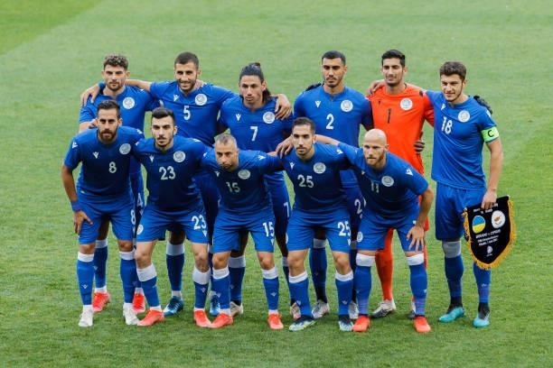 Players of Cyprus pose for a teamphoto prior to the international friendly match between Ukraine and Cyprus at Metalist Stadium on June 7, 2021 in...