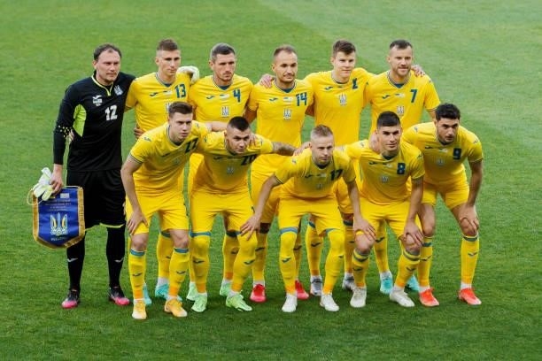 Players of Ukraine pose for a teamphoto prior to the international friendly match between Ukraine and Cyprus at Metalist Stadium on June 7, 2021 in...