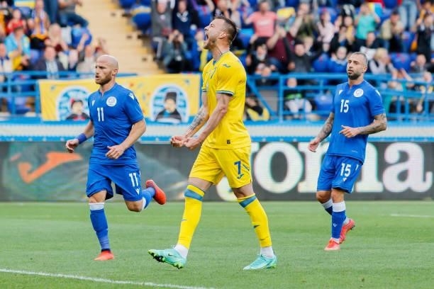 Bogdan Lednev of Ukraine celebrates after scoring his team's first goal during the international friendly match between Ukraine and Cyprus at...