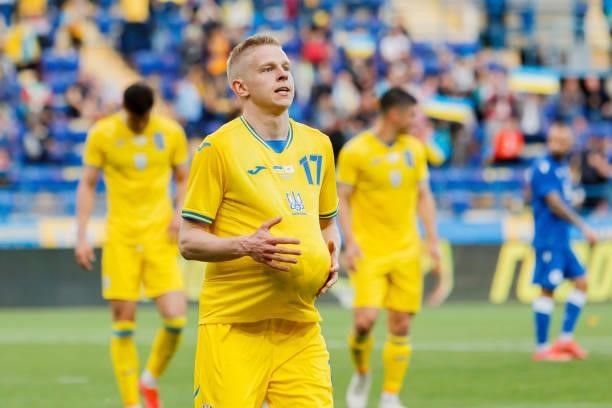 Oleksandr Zinchenko of Ukraine celebrates after scoring his team's second goal during the international friendly match between Ukraine and Cyprus at...