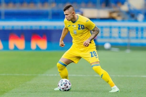Oleksandr Zubkov of Ukraine controls the ball during the international friendly match between Ukraine and Cyprus at Metalist Stadium on June 7, 2021...