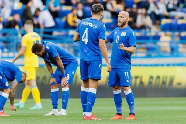 Nicholas Ioannou of Cyprus and Andreas Avraam of Cyprus speaks with during the international friendly match between Ukraine and Cyprus at Metalist...