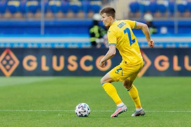Oleksandr Syrota of Ukraine controls the ball during the international friendly match between Ukraine and Cyprus at Metalist Stadium on June 7, 2021...