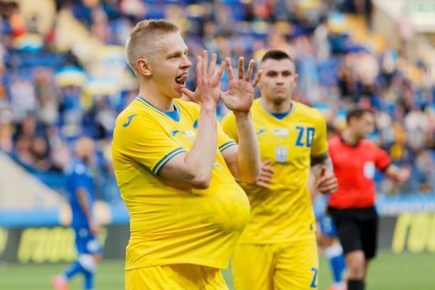 Oleksandr Zinchenko of Ukraine celebrates after scoring his team's second goal during the international friendly match between Ukraine and Cyprus at...