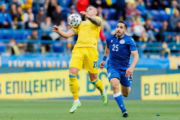 Oleksandr Zubkov of Ukraine controls the ball during the international friendly match between Ukraine and Cyprus at Metalist Stadium on June 7, 2021...