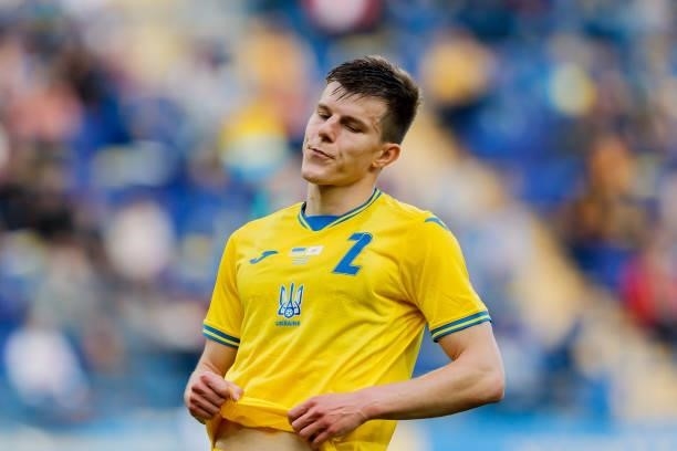 Oleksandr Syrota of Ukraine looks on during the international friendly match between Ukraine and Cyprus at Metalist Stadium on June 7, 2021 in...