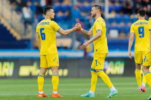 Taras Stepanenko of Ukraine and Andriy Yarmolenko of Ukraine look on during the international friendly match between Ukraine and Cyprus at Metalist...