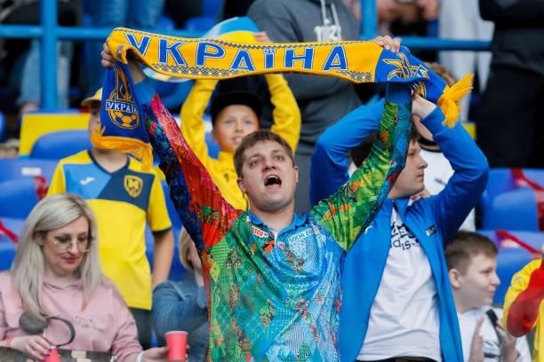 Supporters of Ukrain are seen during the international friendly match between Ukraine and Cyprus at Metalist Stadium on June 7, 2021 in Kharkiv,...