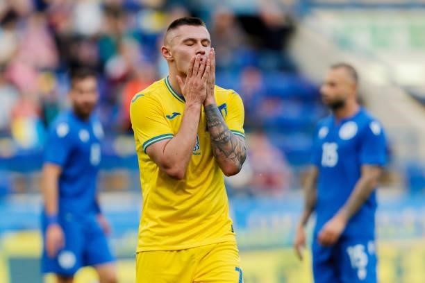 Oleksandr Zubkov of Ukraine looks dejected during the international friendly match between Ukraine and Cyprus at Metalist Stadium on June 7, 2021 in...