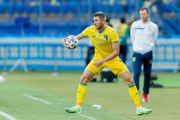 Sergiy Kryvtsov of Ukraine looks on during the international friendly match between Ukraine and Cyprus at Metalist Stadium on June 7, 2021 in...