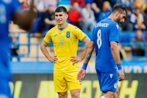 Ruslan Malinovskyi of Ukraine looks on during the international friendly match between Ukraine and Cyprus at Metalist Stadium on June 7, 2021 in...
