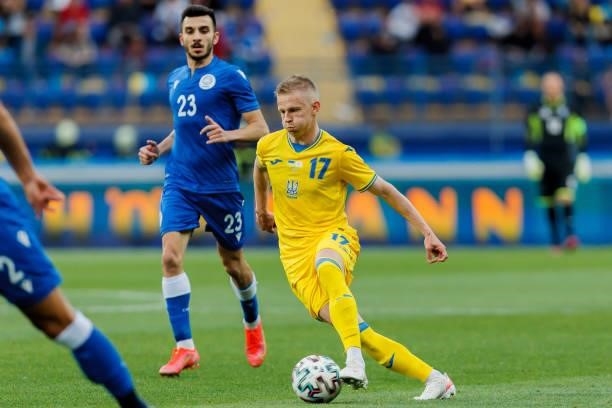 Oleksandr Zinchenko of Ukraine controls the ball during the international friendly match between Ukraine and Cyprus at Metalist Stadium on June 7,...