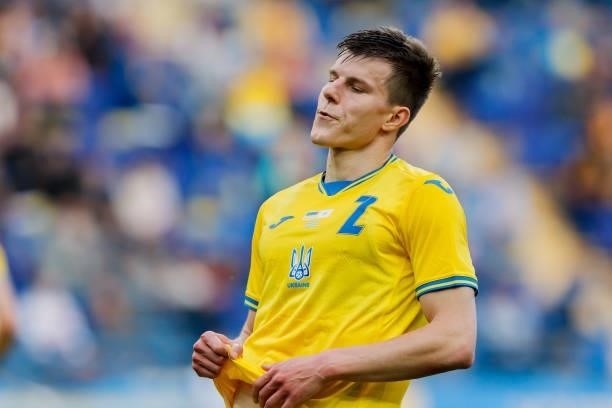 Oleksandr Syrota of Ukraine looks on during the international friendly match between Ukraine and Cyprus at Metalist Stadium on June 7, 2021 in...