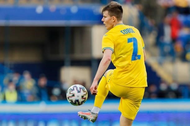 Eduard Sobol of Ukraine controls the ball during the international friendly match between Ukraine and Cyprus at Metalist Stadium on June 7, 2021 in...
