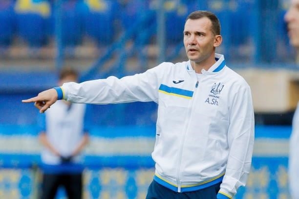 Head coach Andriy Shevchenko of Ukraine gestures during the international friendly match between Ukraine and Cyprus at Metalist Stadium on June 7,...