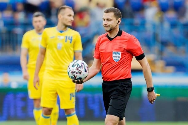 Referee Vitalijs Spasjonnikovs looks on during the international friendly match between Ukraine and Cyprus at Metalist Stadium on June 7, 2021 in...