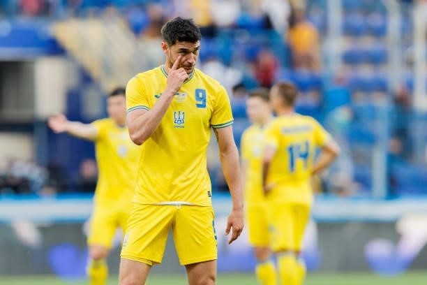 Roman Yaremchuk of Ukraine gestures during the international friendly match between Ukraine and Cyprus at Metalist Stadium on June 7, 2021 in...