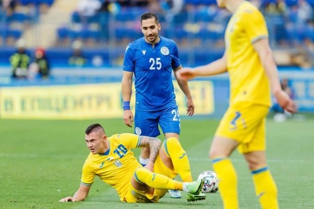 Oleksandr Zubkov of Ukraine and Nicolas Panaylotou of Cyprus look on during the international friendly match between Ukraine and Cyprus at Metalist...
