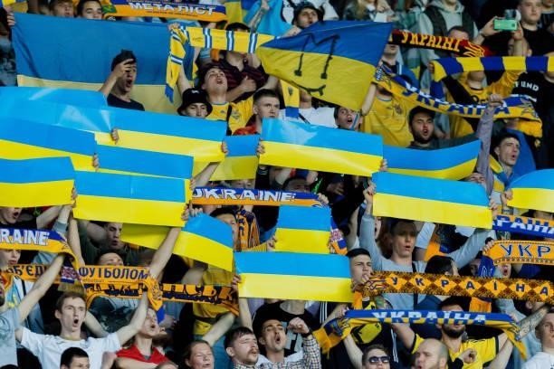 Supporters of Ukraine are seen prior to the international friendly match between Ukraine and Cyprus at Metalist Stadium on June 7, 2021 in Kharkiv,...