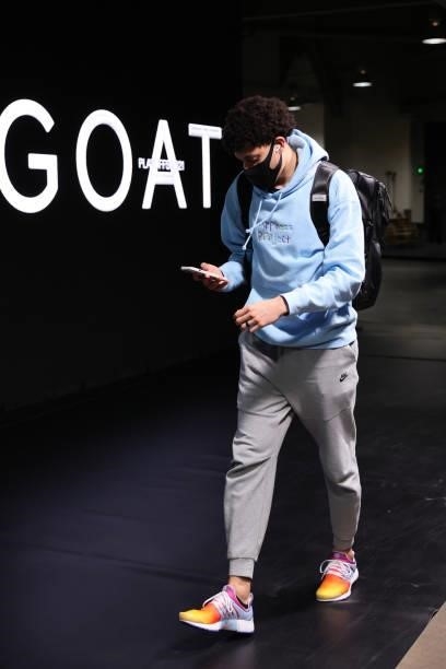 Justin Jackson of the Milwaukee Bucks arrives to the arena prior to the game against the Brooklyn Nets during Round 2, Game 2 of the 2021 NBA...