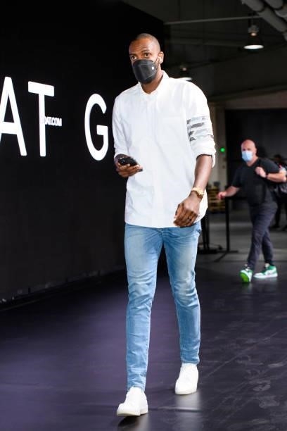 Khris Middleton of the Milwaukee Bucks arrives to the arena prior to the game against the Brooklyn Nets during Round 2, Game 2 of the 2021 NBA...