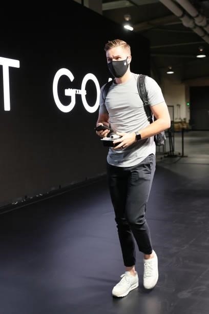 Sam Merrill of the Milwaukee Bucks arrives to the arena prior to the game against the Brooklyn Nets during Round 2, Game 2 of the 2021 NBA Playoffs...