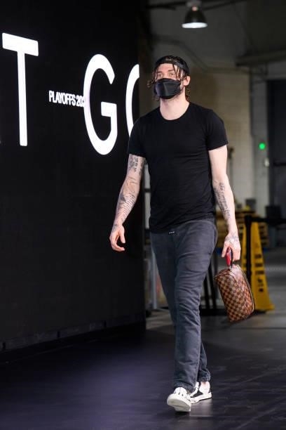 Tyler Johnson of the Brooklyn Nets arrives to the arena prior to the game against the Milwaukee Bucks during Round 2, Game 2 of the 2021 NBA Playoffs...