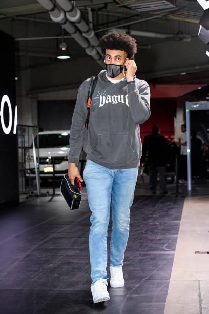 Jordan Nwora of the Milwaukee Bucks arrives to the arena prior to the game against the Brooklyn Nets during Round 2, Game 2 of the 2021 NBA Playoffs...