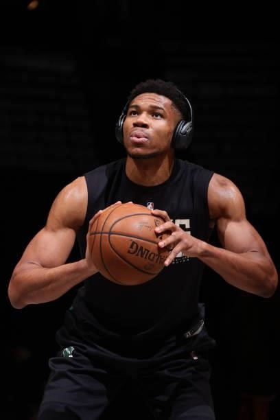 Giannis Antetokounmpo of the Milwaukee Bucks warms up prior to the game against the Brooklyn Nets during Round 2, Game 2 of the 2021 NBA Playoffs on...