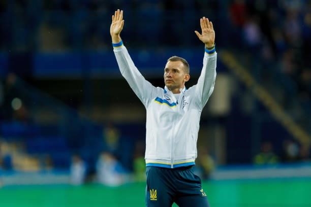 Head coach Andriy Shevchenko of Ukraine gestures after the international friendly match between Ukraine and Cyprus at Metalist Stadium on June 7,...